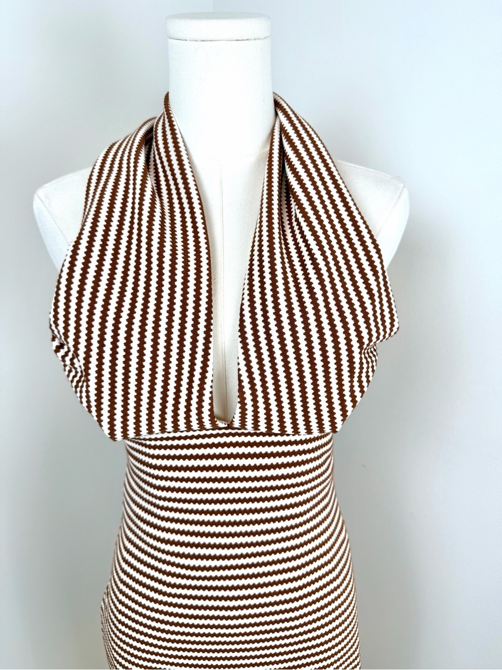 Amanda Uprichard Brown & Cream Striped Halter Dress Midi Has Stretch NWT Small - Picture 7 of 14